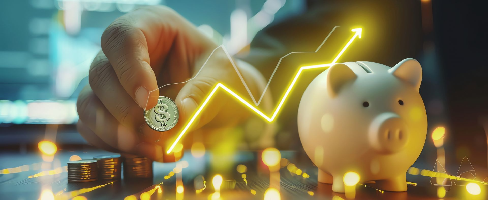 Mano con moneda y alcancía con gráfico ascendente de crecimiento financiero
