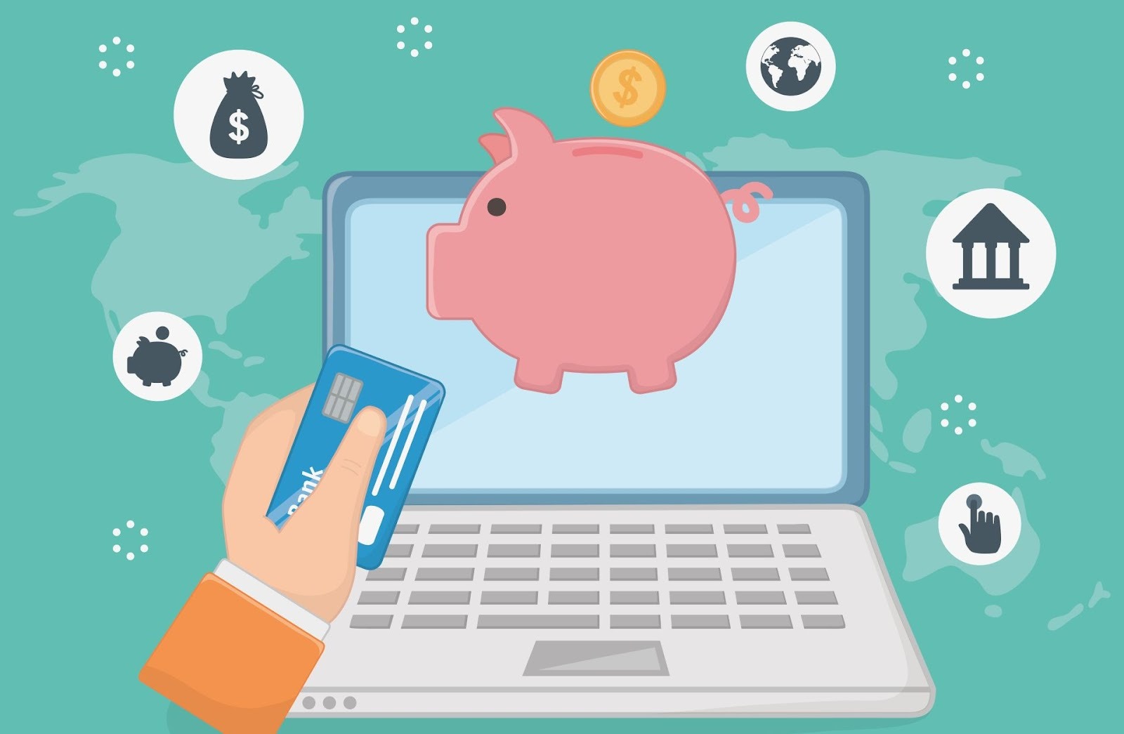 Alcancía digital en laptop con tarjeta bancaria ilustrando contribuciones fiscales inteligentes en línea