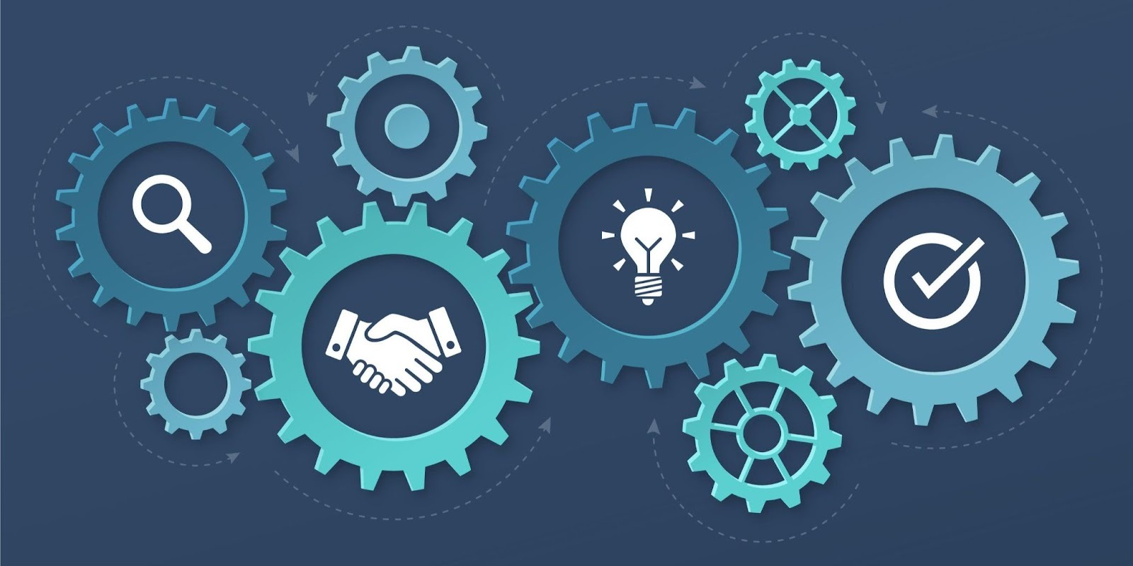 Engranajes azules conectados con íconos de búsqueda, acuerdo, idea y verificación de seguros