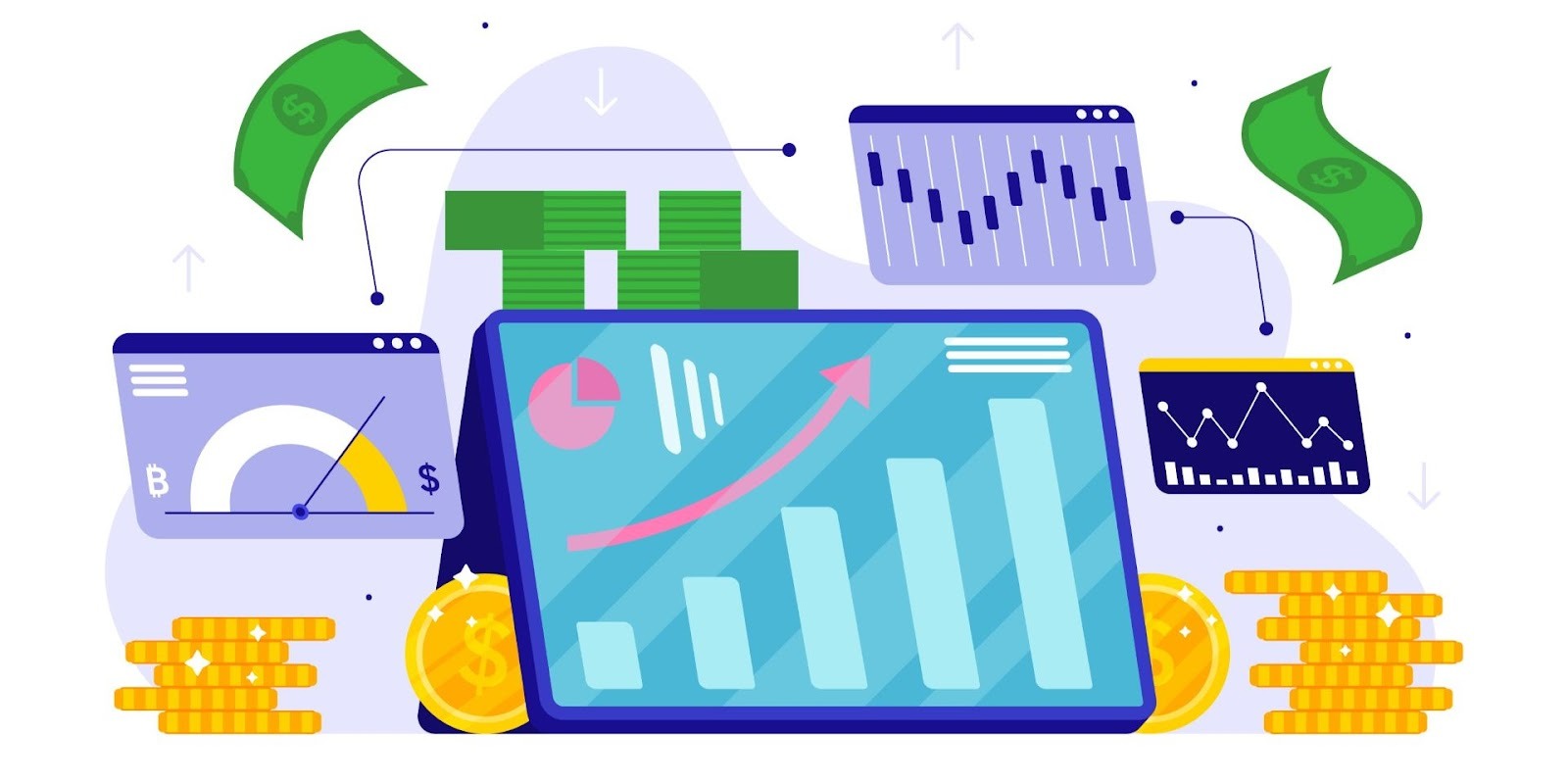 Ilustración digital de fondos de inversión con gráficas, pantallas financieras y monedas