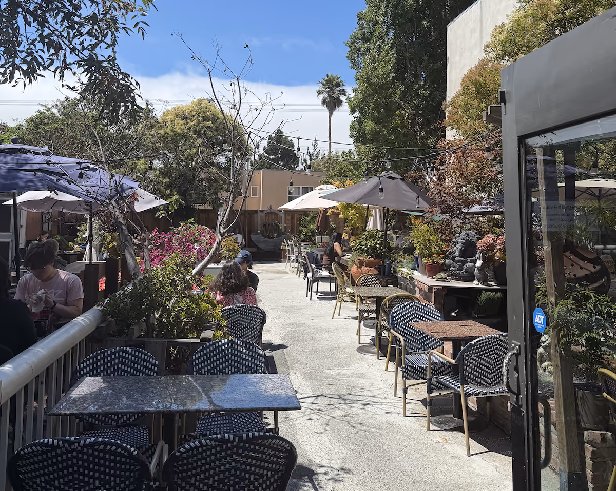 Outdoor café seating area with tables, chairs, umbrellas, plants, and people under a clear blue sky.