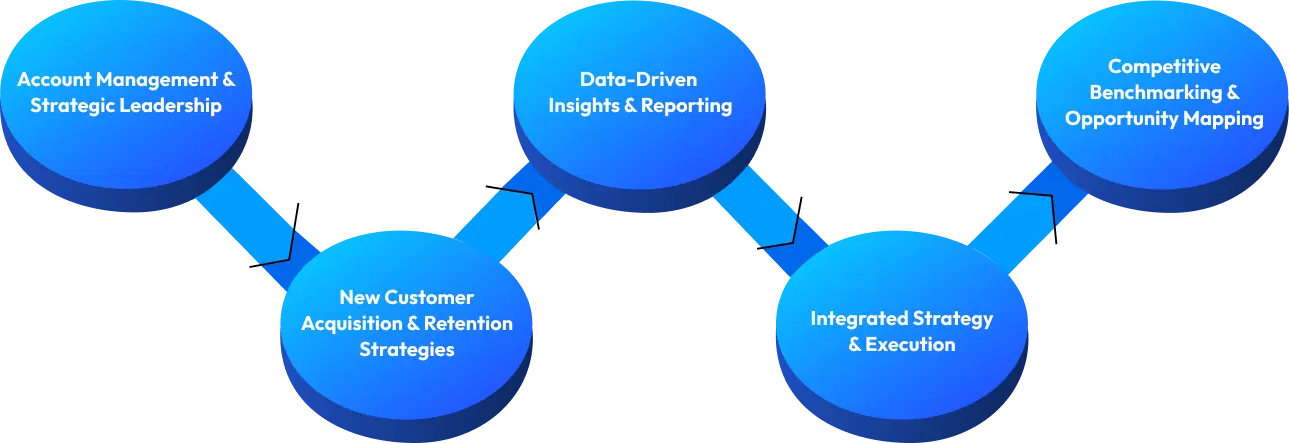 Graas' Performance Marketing Approach - Account Management, New Customer Acquisition & Retention Strategies, Data-Driven Insights & Reporting, Integrated Strategy & Execution, and Competitive Benchmarking & Opportunity Mapping