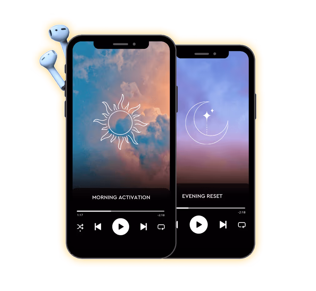 Two smartphones displaying audio players with 'Morning Activation' sun-themed and 'Evening Reset' moon-themed screens, accompanied by wireless earbuds.