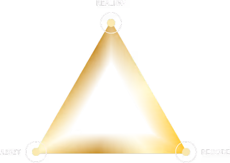 Gold gradient triangle with the words Realign at top, Reset at bottom left, and Recode at bottom right corners.
