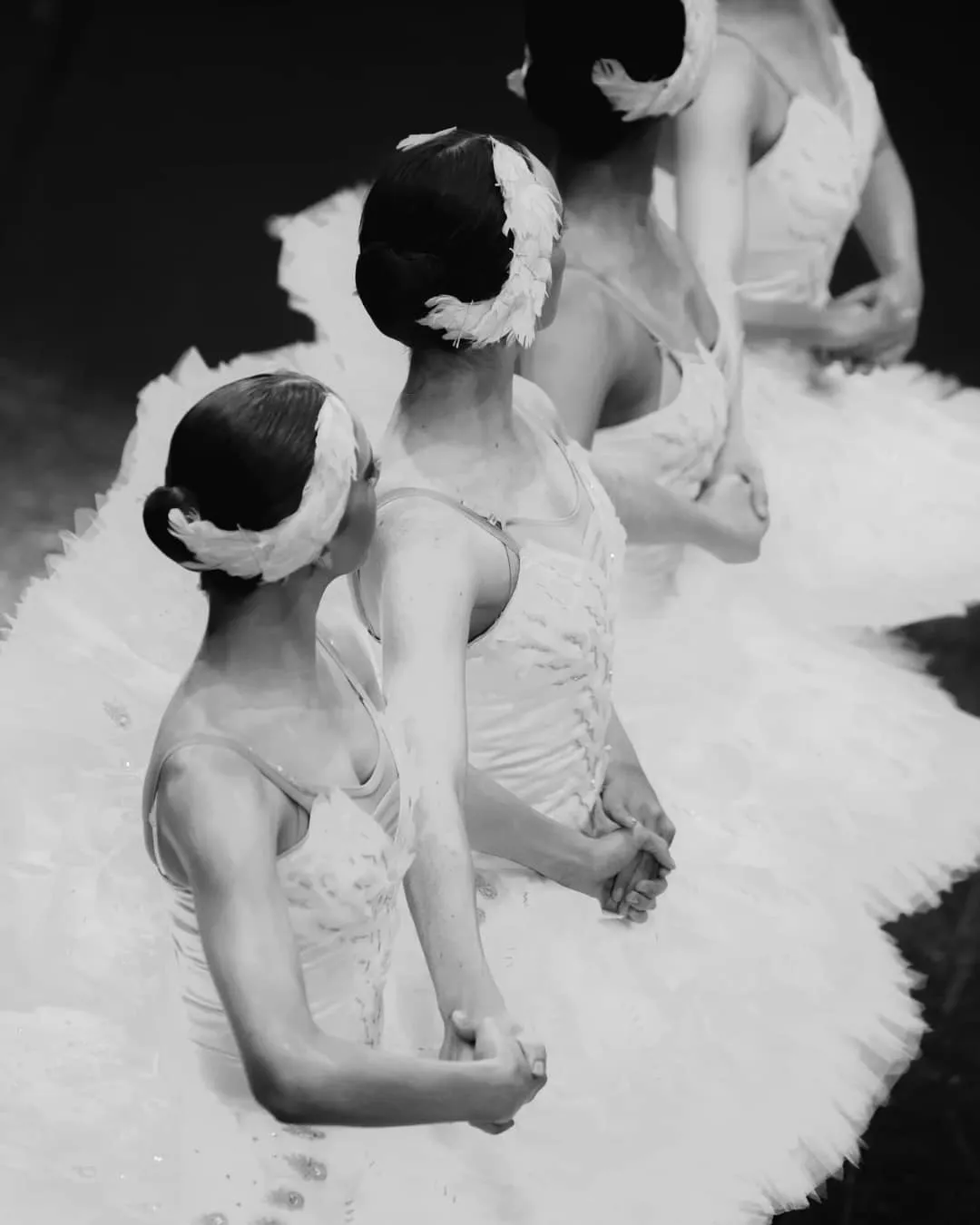 Three ballerinas in white tutus holding hands in a synchronized pose, viewed from above and behind.