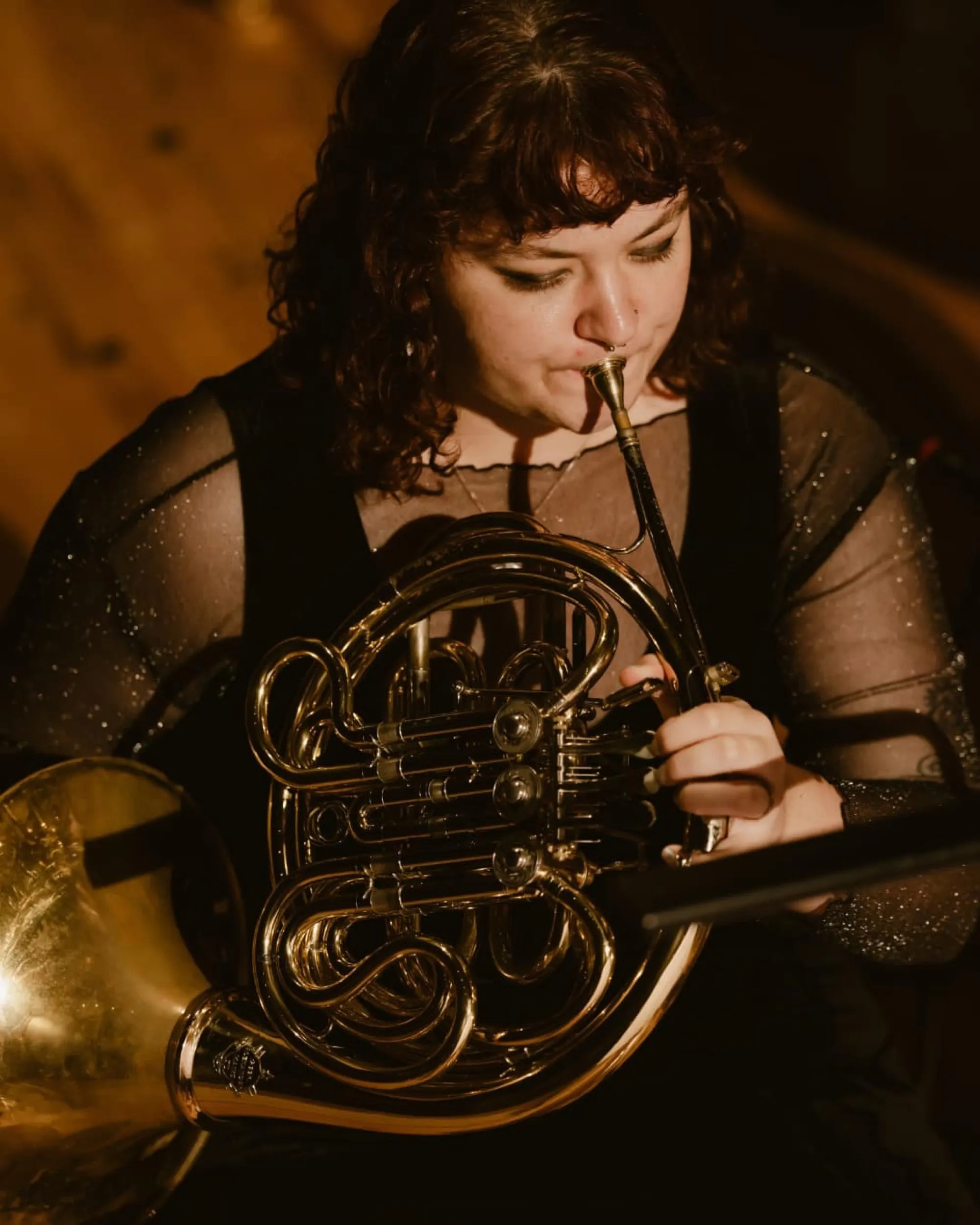 Woman with curly hair playing a shiny brass French horn, wearing a sheer black top.
