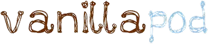 Vanilla Pod logo with 'vanilla' in brown and 'pod' in light blue letters