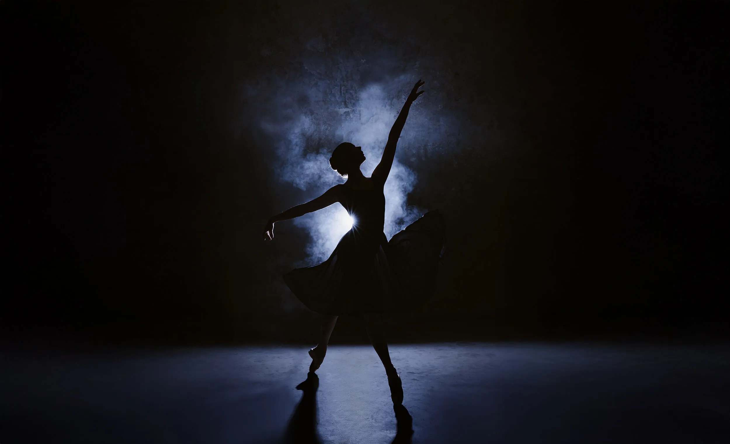 Silhouette of a ballerina dancing gracefully with one arm raised against a smoky, dark background.