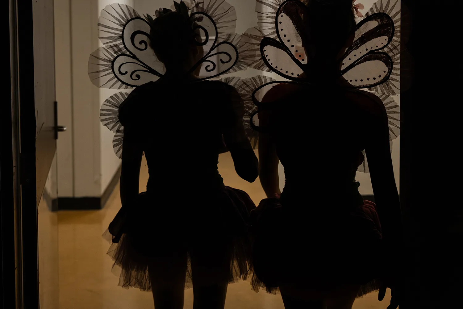 Silhouettes of two young ballet dancers wearing fairy wings and tutus standing in a doorway.