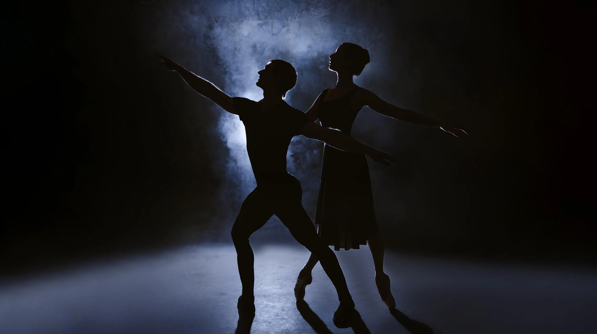 Silhouettes of a male and female ballet dancer posing gracefully in a dark space with blue backlight and smoke.