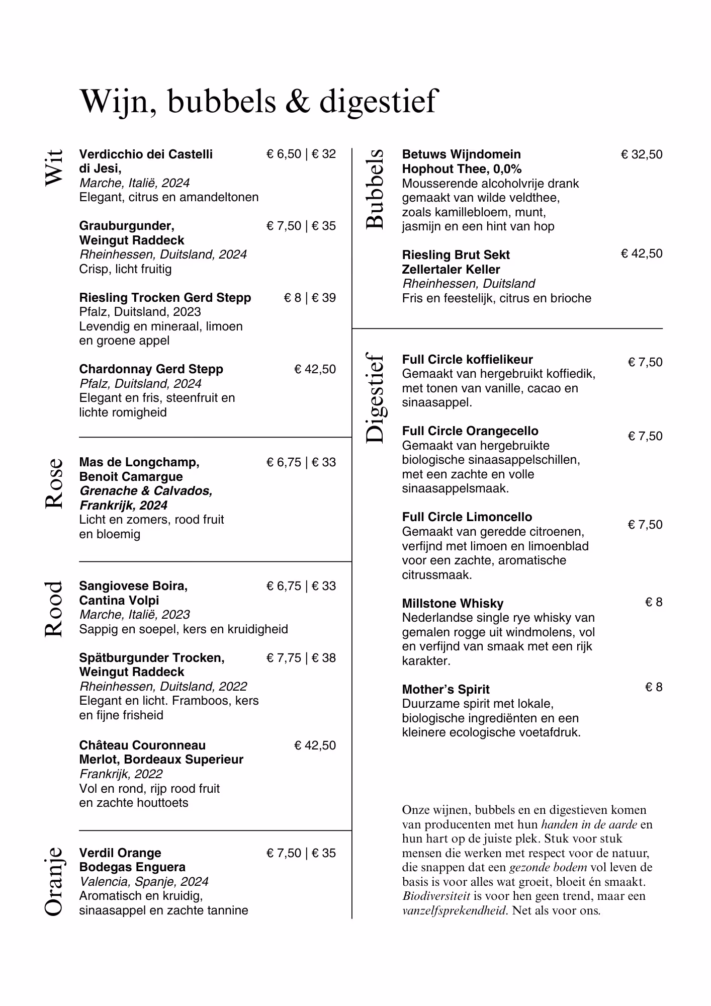 Wijn-, bubbels- en cocktailmenu in het Nederlands met wijntypen wit, rosé, rood, oranje, glühwein, bubbels en mocktails met beschrijvingen en prijzen.
