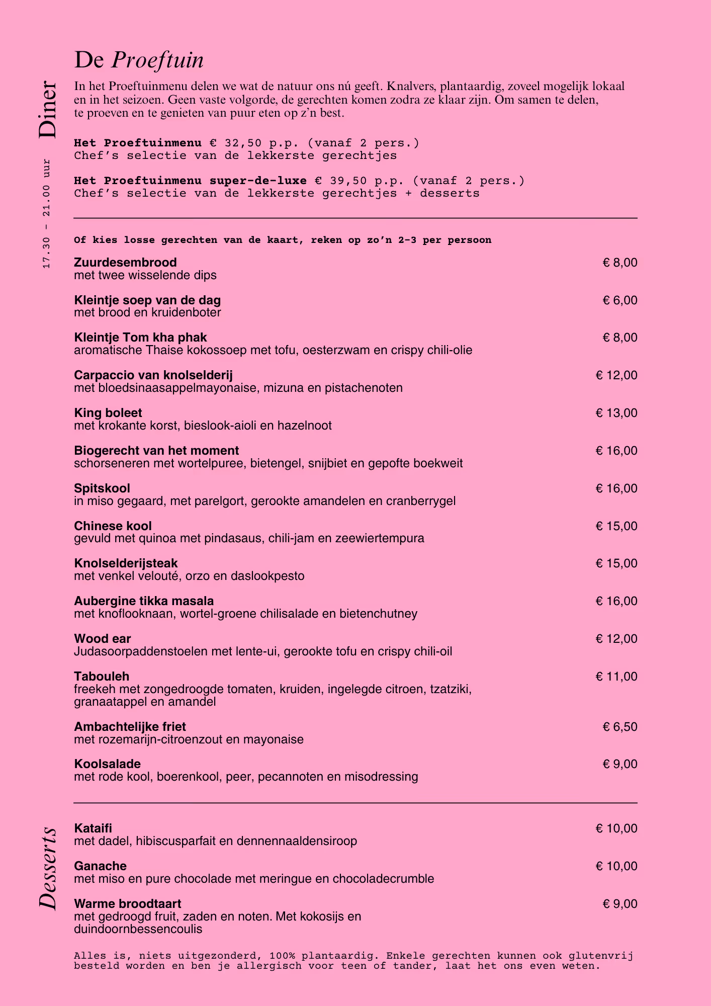 Roze menukaart van De Groene Afslag met plantaardige gerechten en desserts, inclusief prijzen en beschrijvingen.