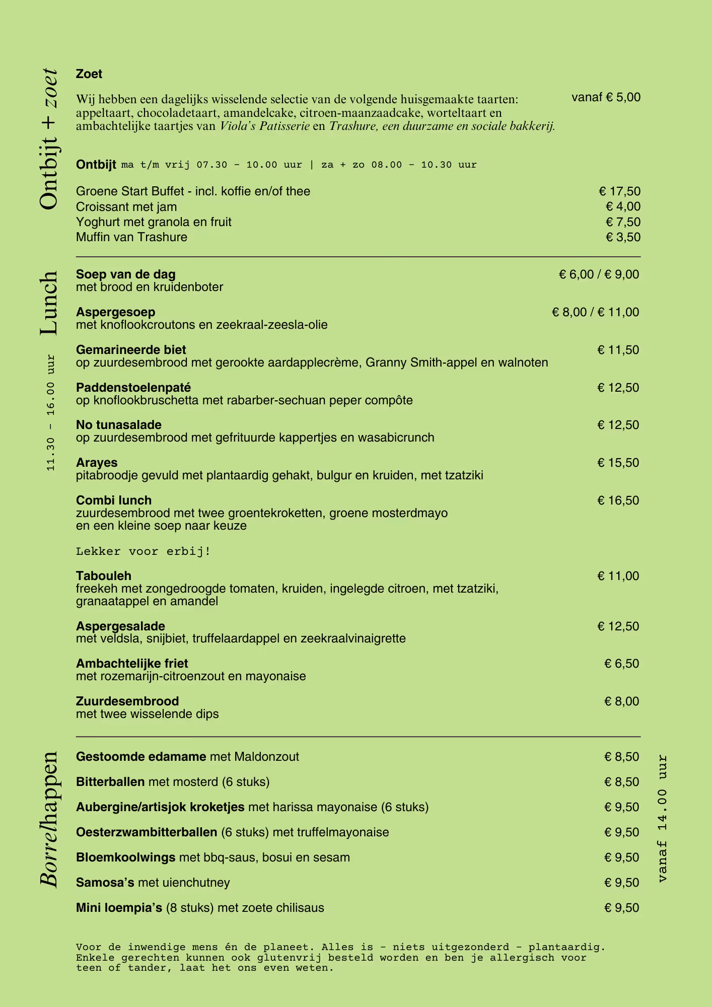 Menu met zoete taarten, ontbijtopties, lunchgerechten en borrelhappen in het Nederlands op groene achtergrond.