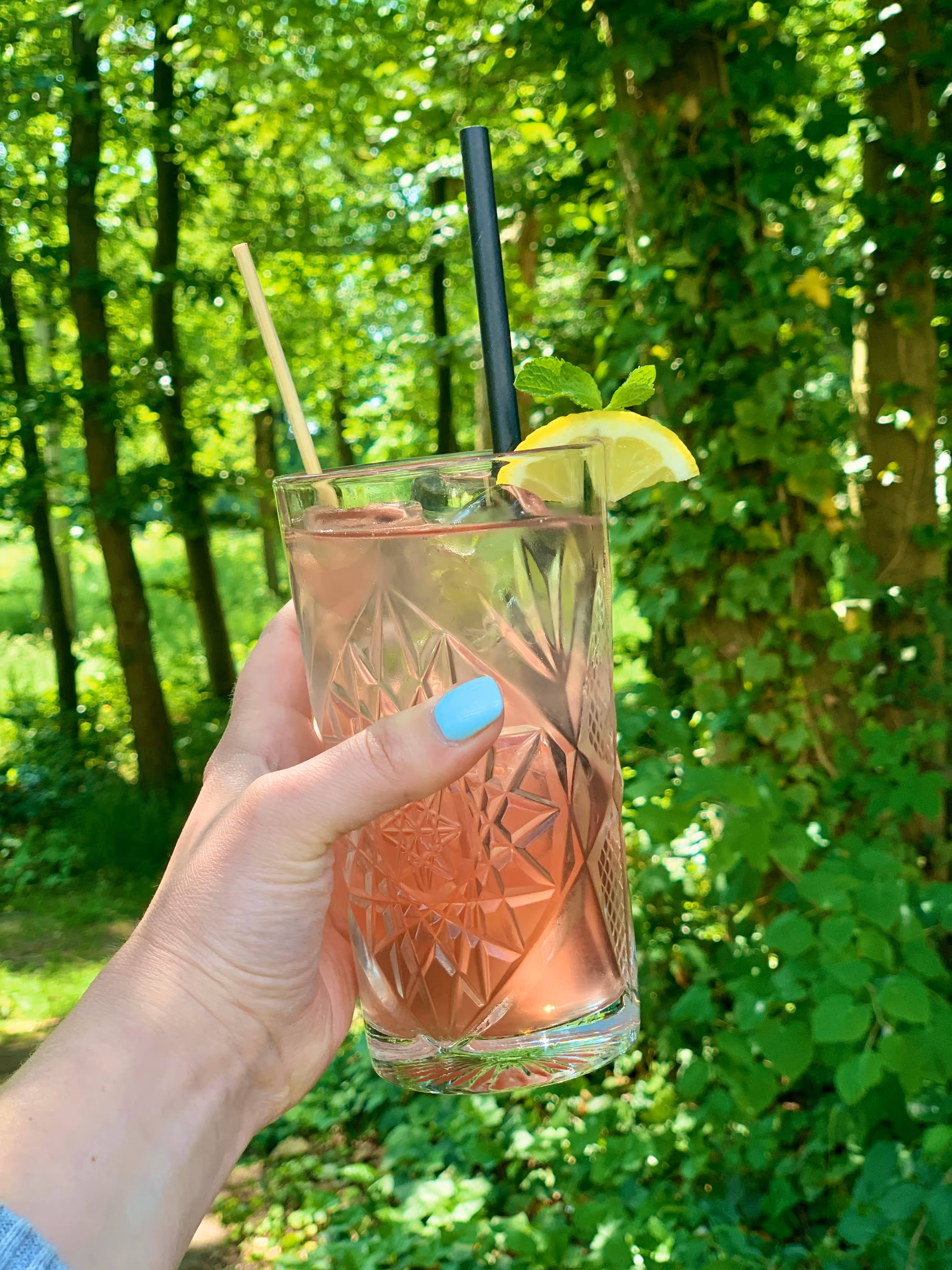 Hand met blauw gelakte nagels houdt een glas met roze drankje, ijs, citroen en munt tak in een bosrijke omgeving.