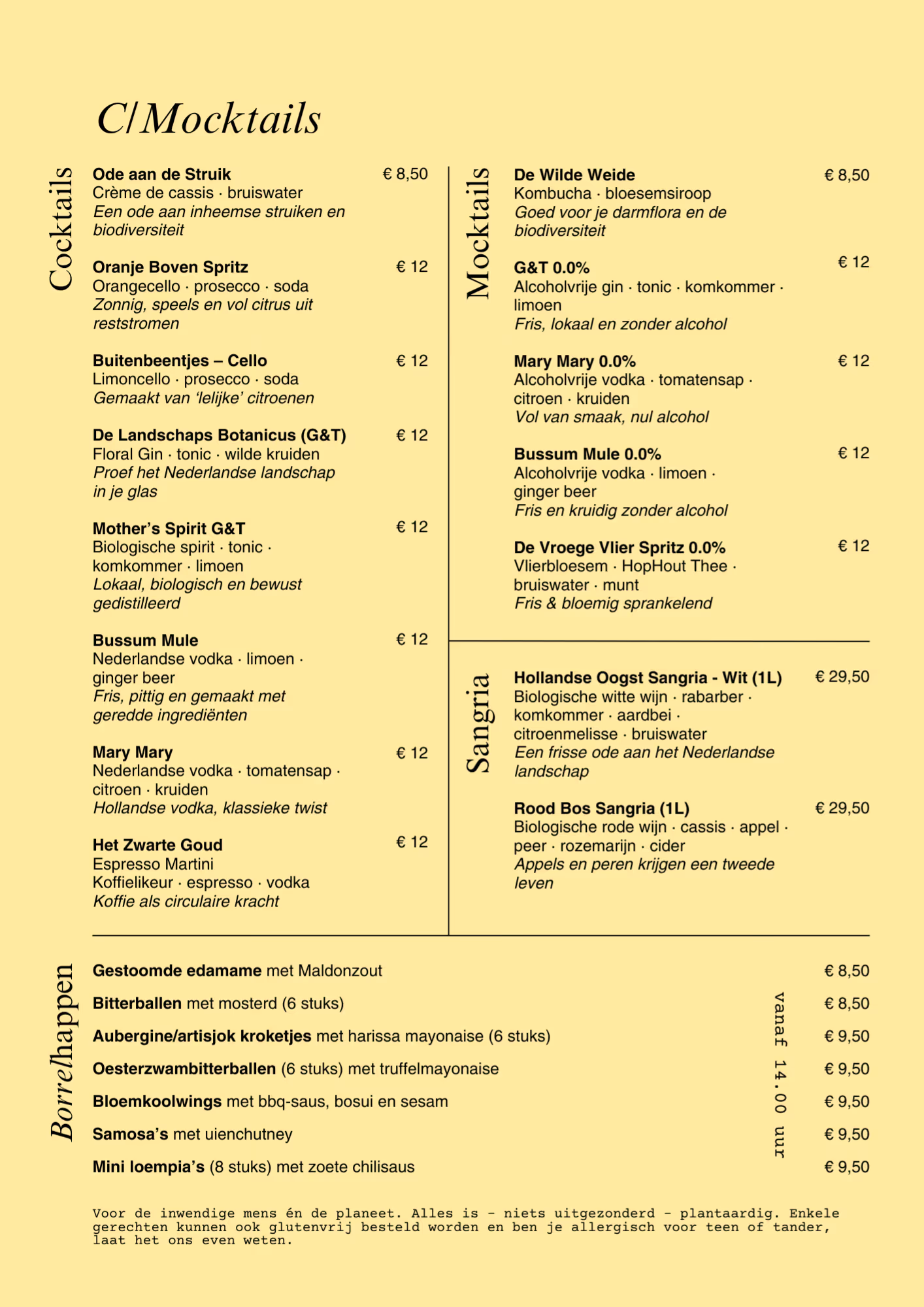 Menu met cocktails, alcoholvrije mocktails, sangria en plantaardige borrelhapjes met prijzen.