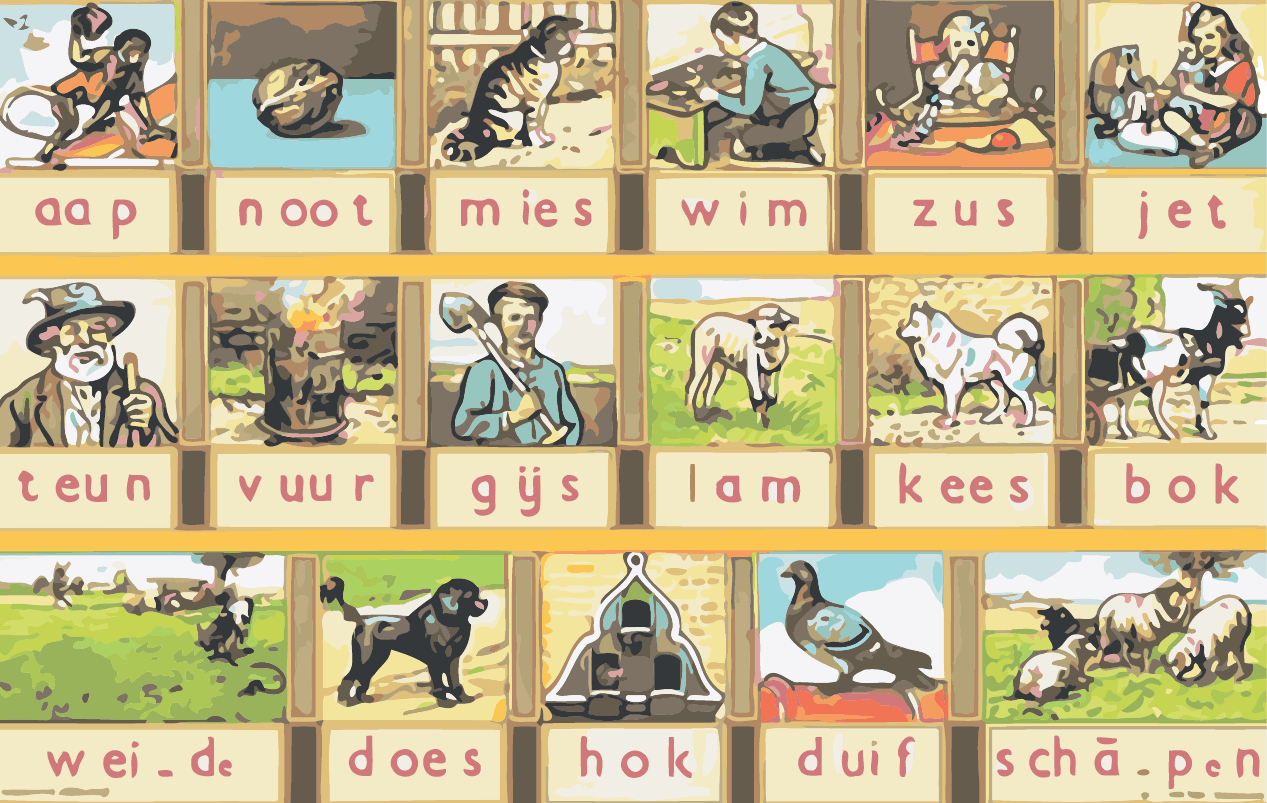 Het houten leesplankje van Hoogevoorts, met onder andere de woorden aap, noot, mies.