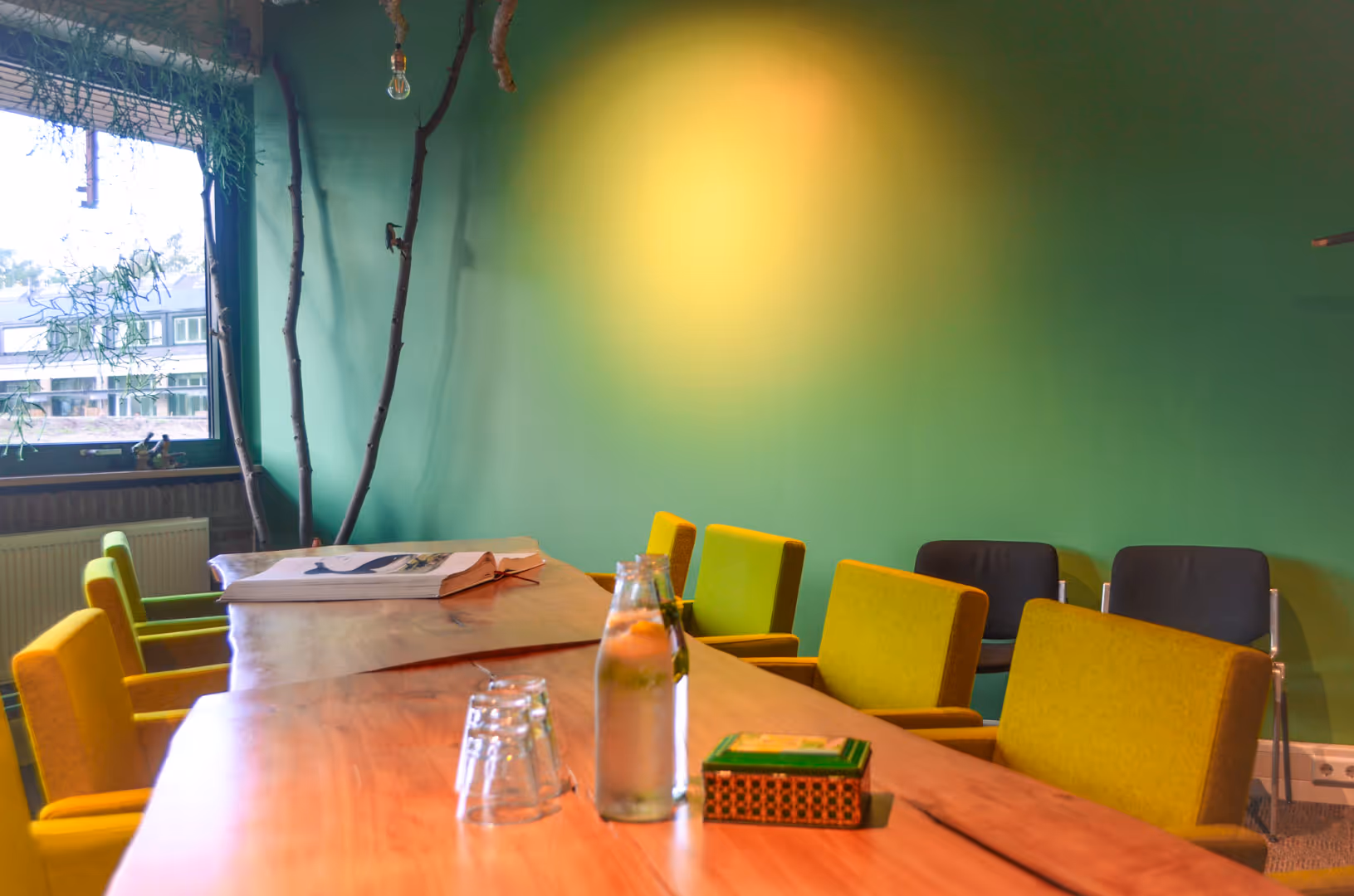 Grote rustieke houten tafel met zwarte bureaustoelen eromheen in een lichtgroen geschilderde ruimte. Boven de tafel hangt een groene plant.