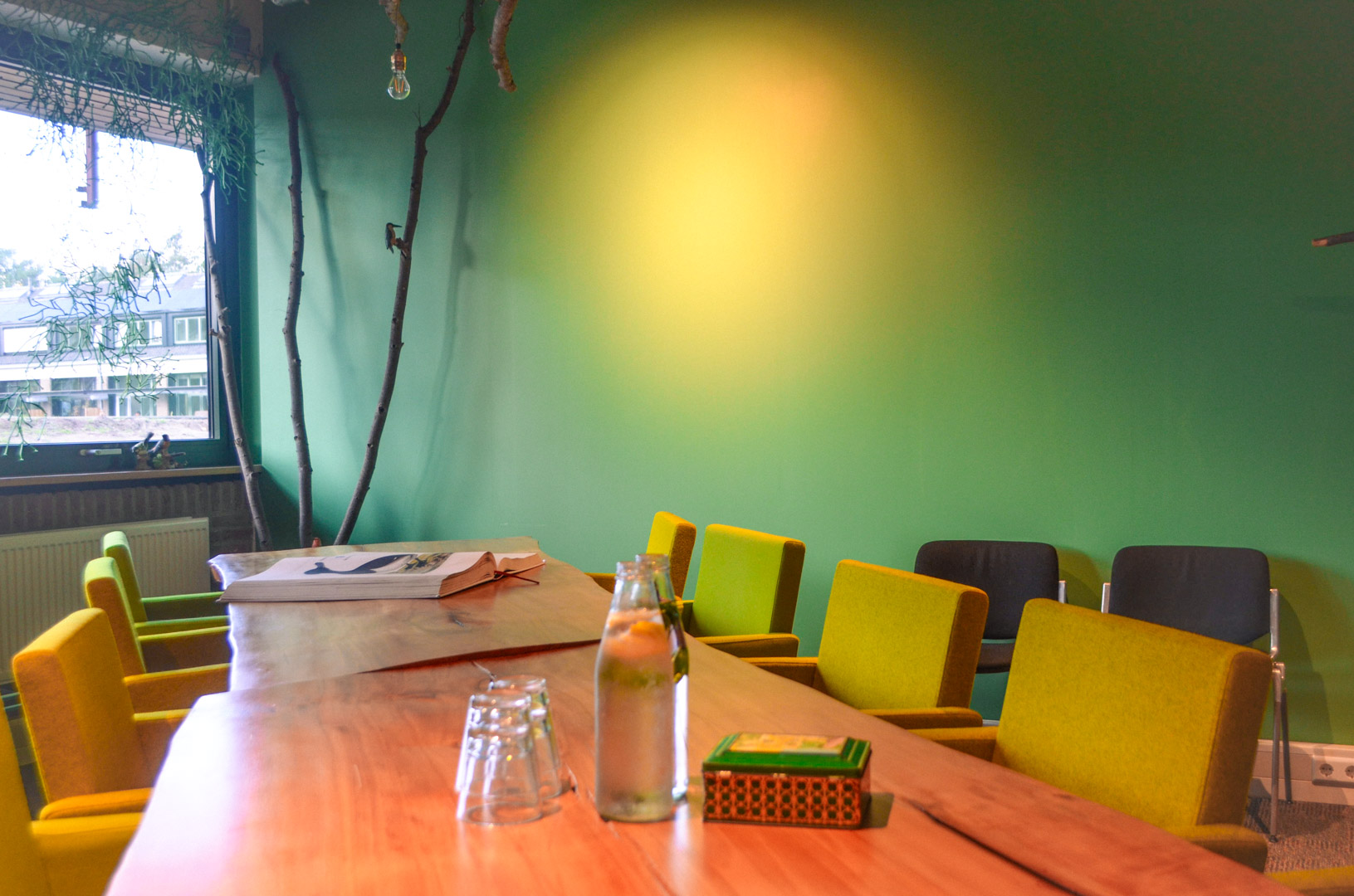 Grote rustieke houten tafel met zwarte bureaustoelen eromheen in een lichtgroen geschilderde ruimte. Boven de tafel hangt een groene plant. 