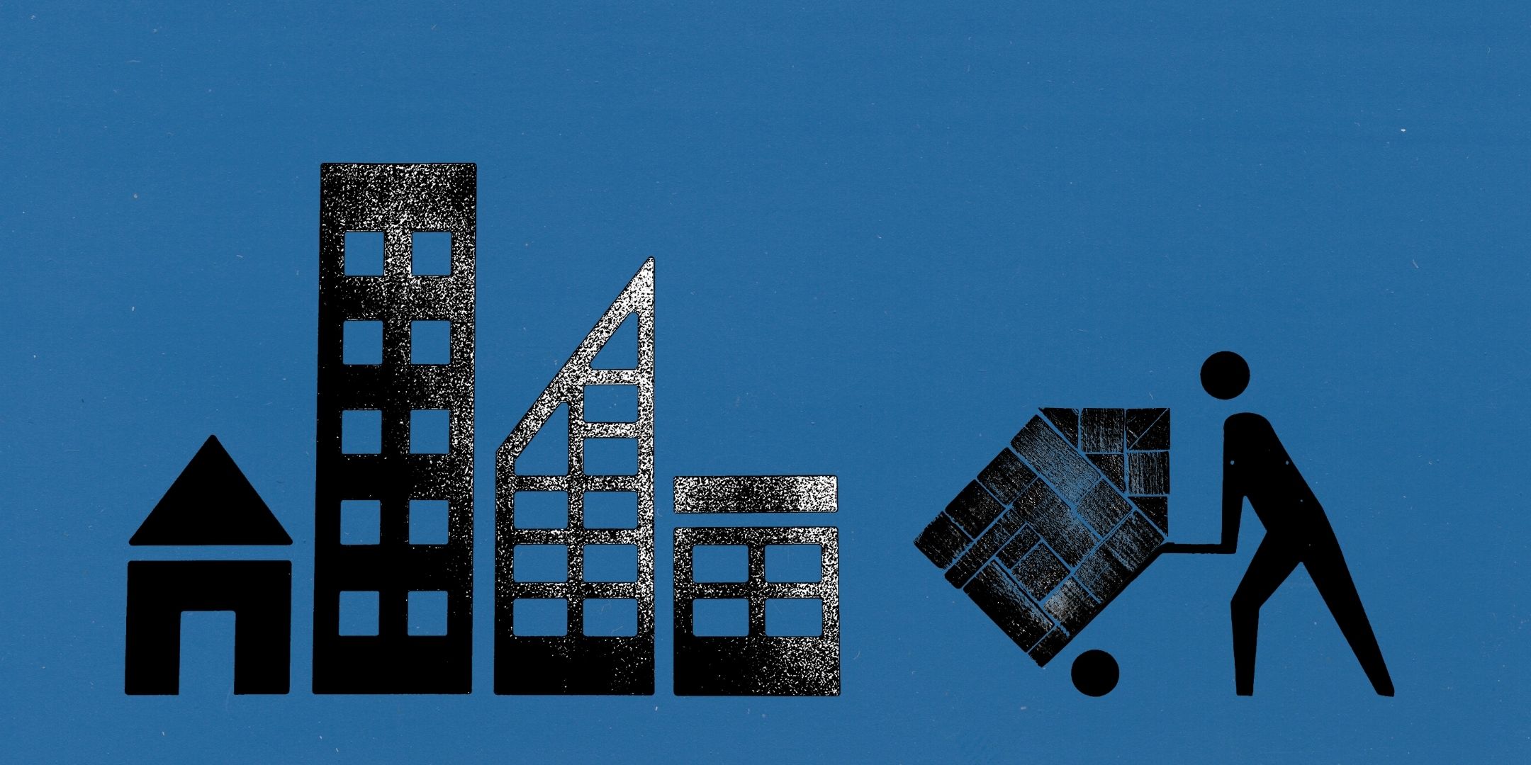 Grafische minimalistische tekening van een aantal gebouwen op een rij. Aan de rechterkant komt een poppetje aangelopen met een steekwagen, met daarop bouwblokken die samen een huis vormen.