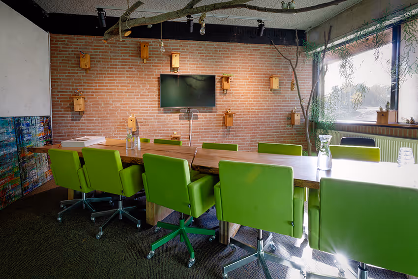 Grote rustieke houten tafel met zwarte bureaustoelen eromheen in een lichtgroen geschilderde ruimte. Boven de tafel hangt een groene plant. 