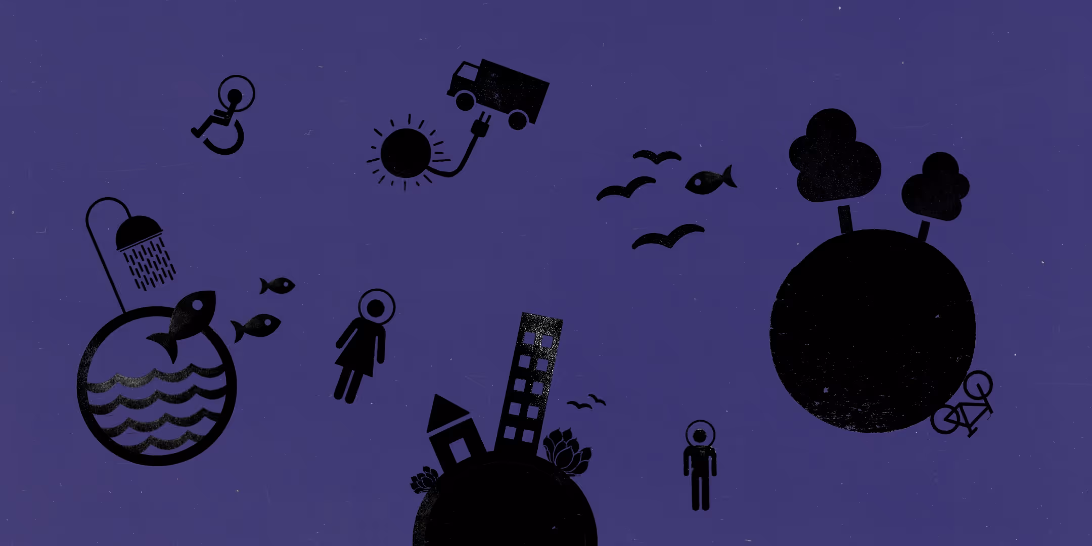 Allerlei grafische afbeeldingen van een aarde, vis, vrachtwagen, vogels, fiets, schoorsteen, rook op een paarse achtergrond