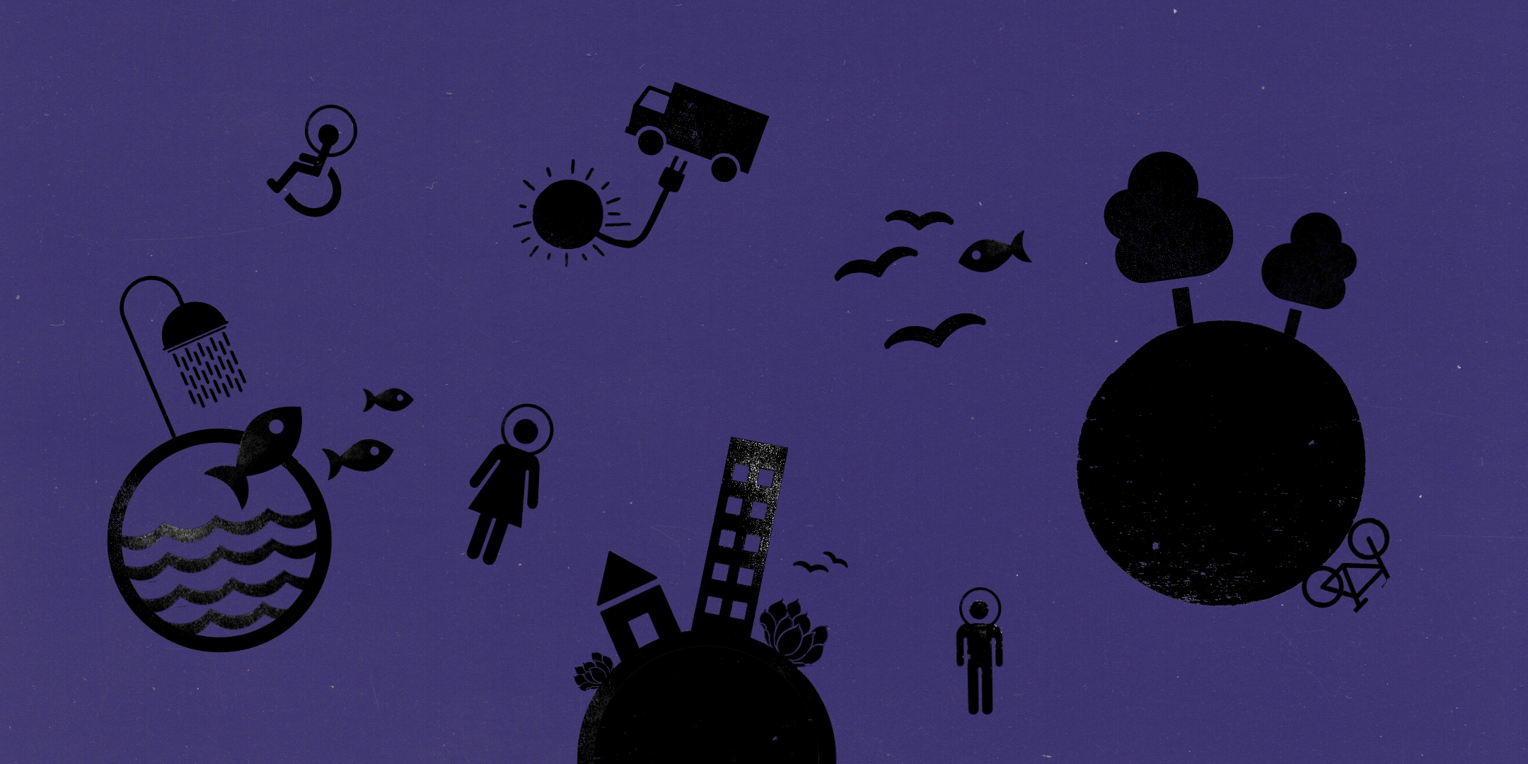 Allerlei afbeeldingen, een aarde, vis, vrachtwagen, vogels, fiets, schoorsteen, rook op een paarse achtergrond