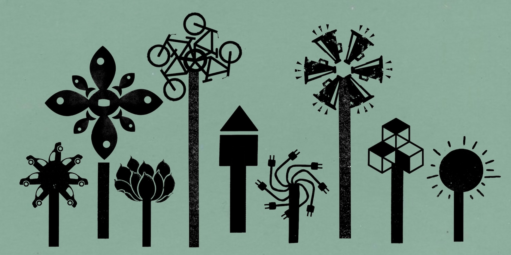 Grafische abstracte tekening van bomen waarvan de takken fietsen, stekkers of auto's zijn op een groene achtergrond.