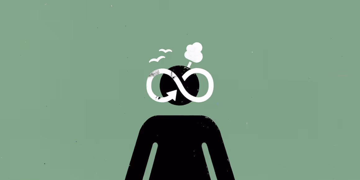 Een grafische tekening van een poppetje op een groene achtergrond met een oneindig teken voor zijn hoofd met vogels en een boom.