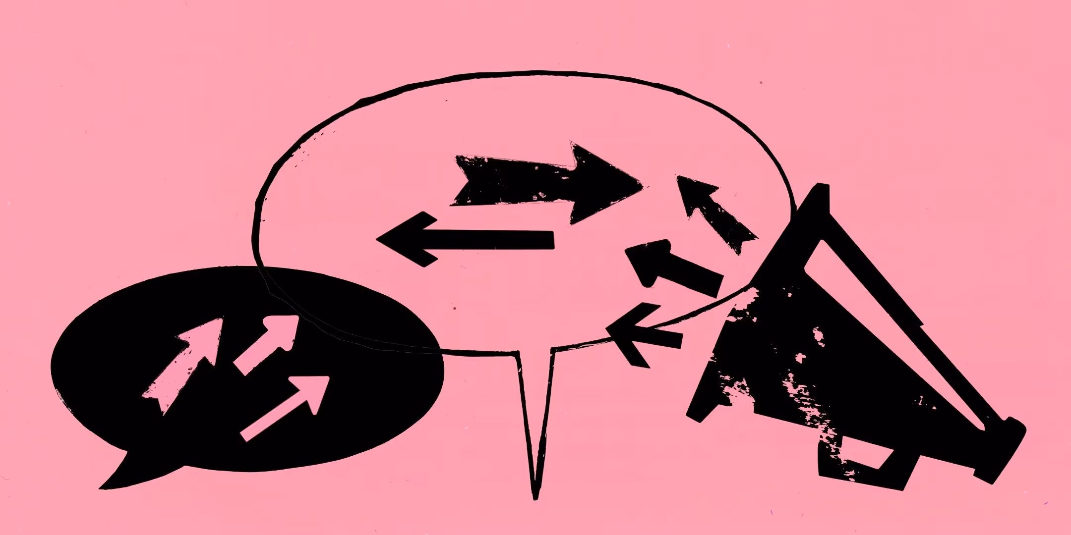 Grafisch afbeelding van tekstballonnen en een megafoon op een roze achtergrond.