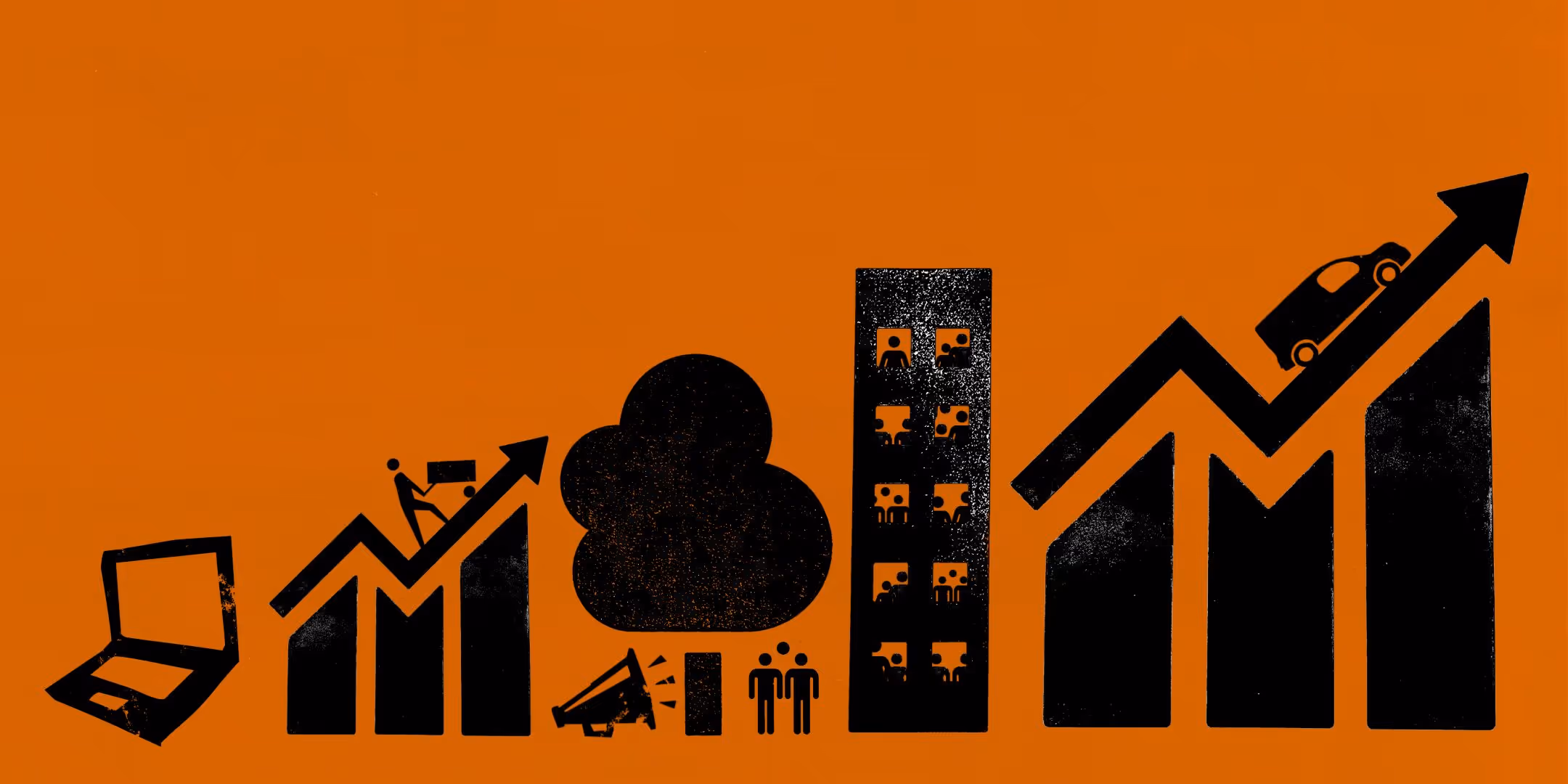 Een laptop, kolommengrafiek met een pijl erboven, een wolk, luidspreker en flatgebouw op een oranje achtergrond