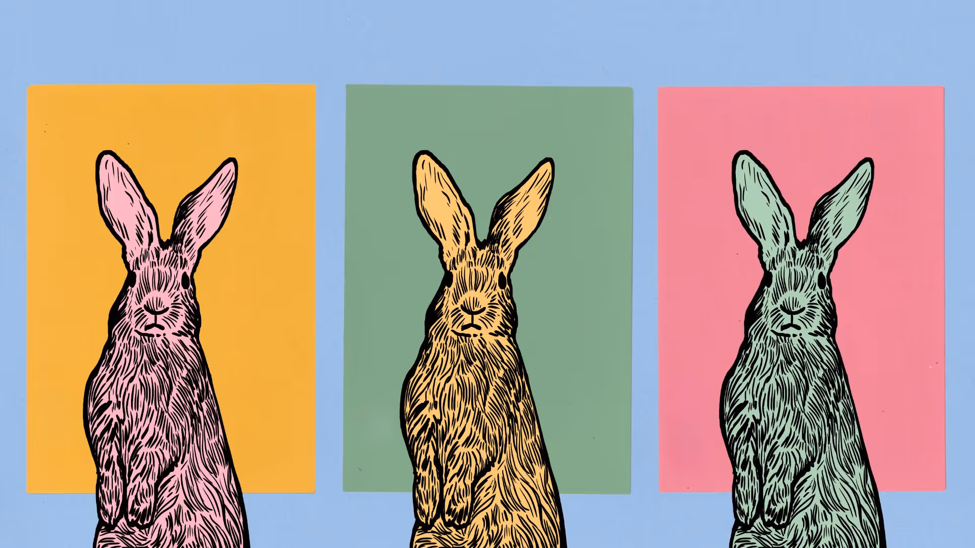 Vrolijke lenteafbeelding met drie hazen in verschillende kleuren. 