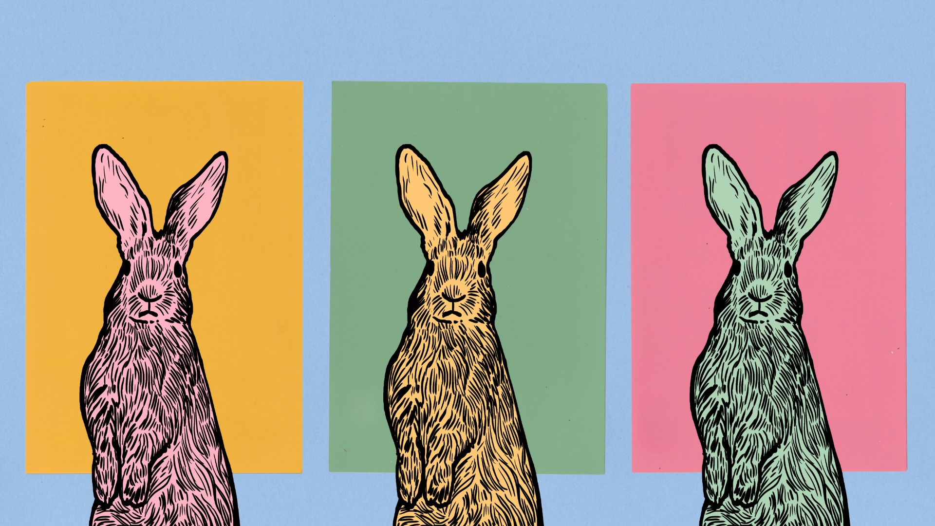 Vrolijke lenteafbeelding met drie hazen in verschillende kleuren.