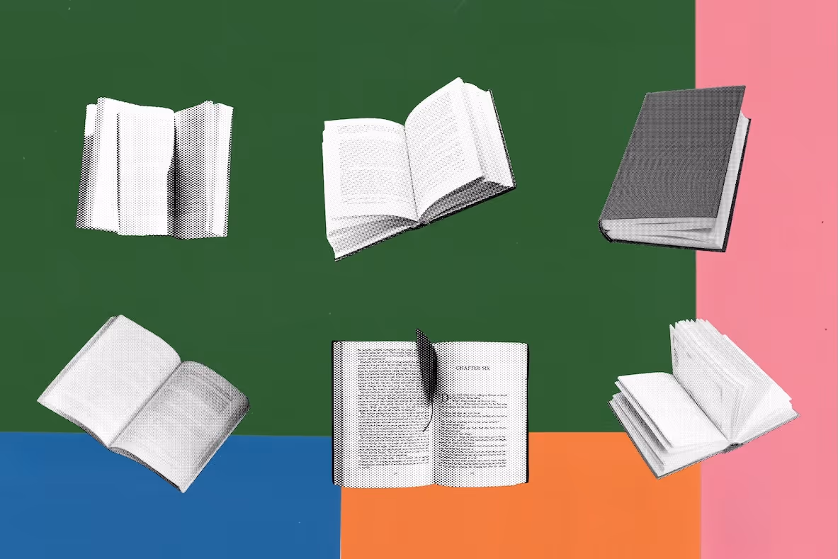 Gekleurde vlakken met daarop 6 zwart wit afbeeldingen van boeken