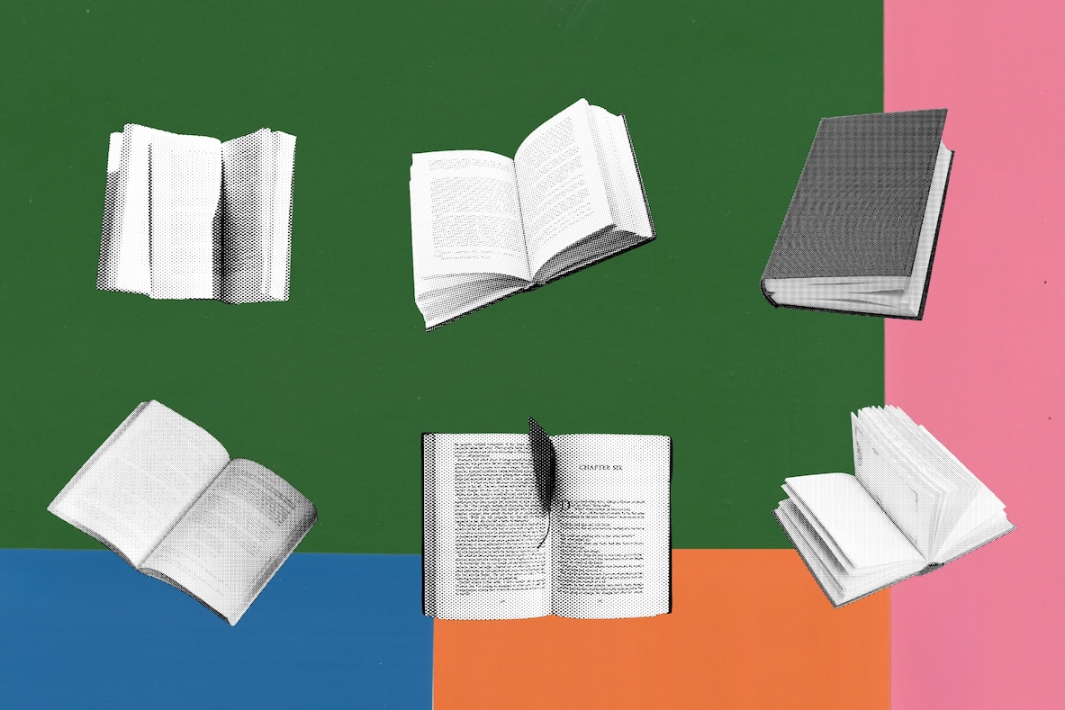 Gekleurde vlakken met daarop 6 zwart wit afbeeldingen van boeken