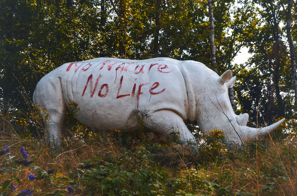 Standbeeld van een witte neushoorn tussen bomen