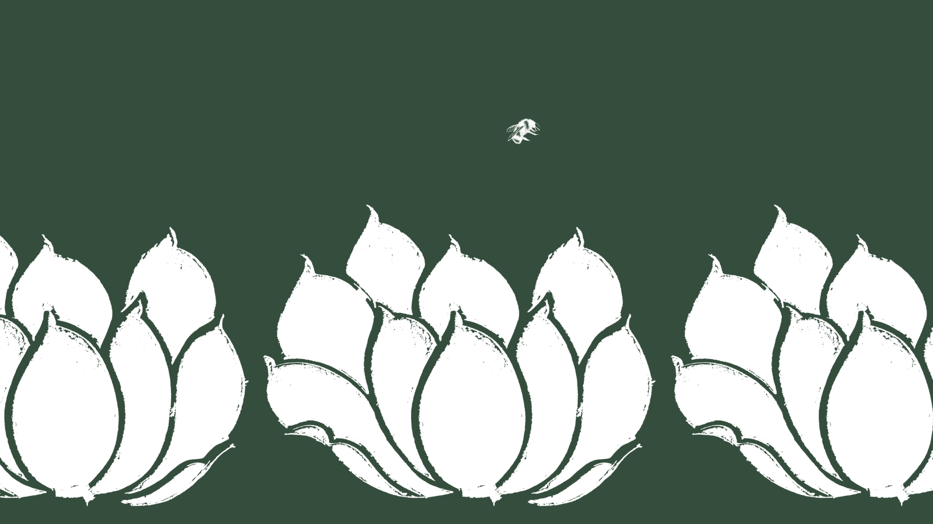 Grafische abstracte tekening van een zwarte bloem en twee bijen op een groene achtergrond.