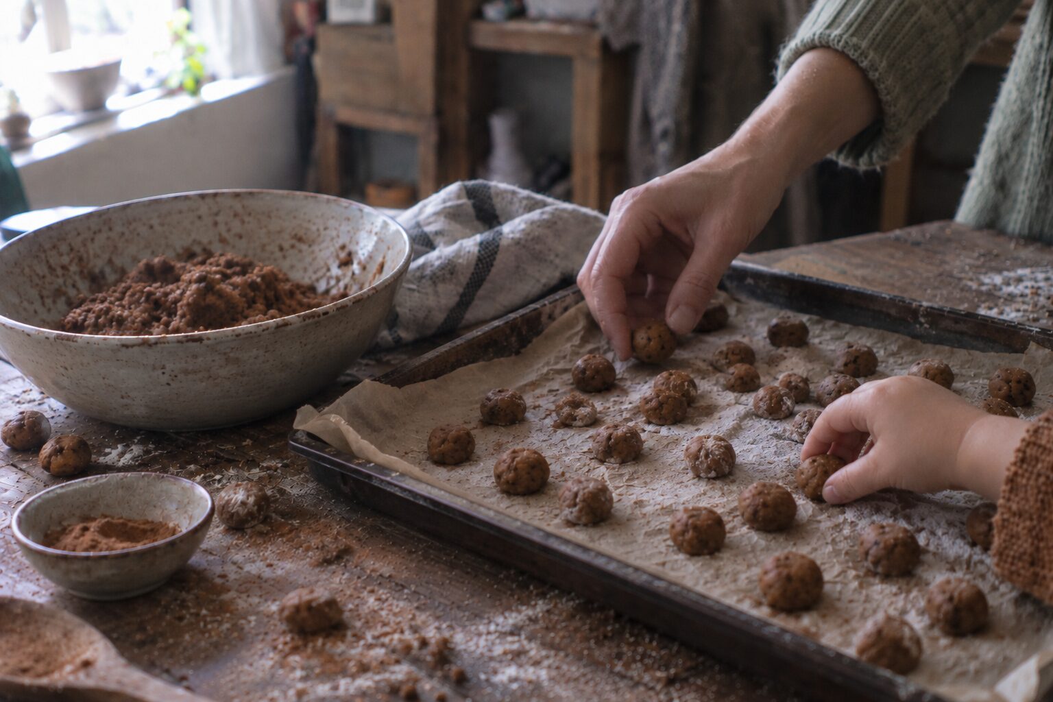 Hand met bakplaat pepernoten