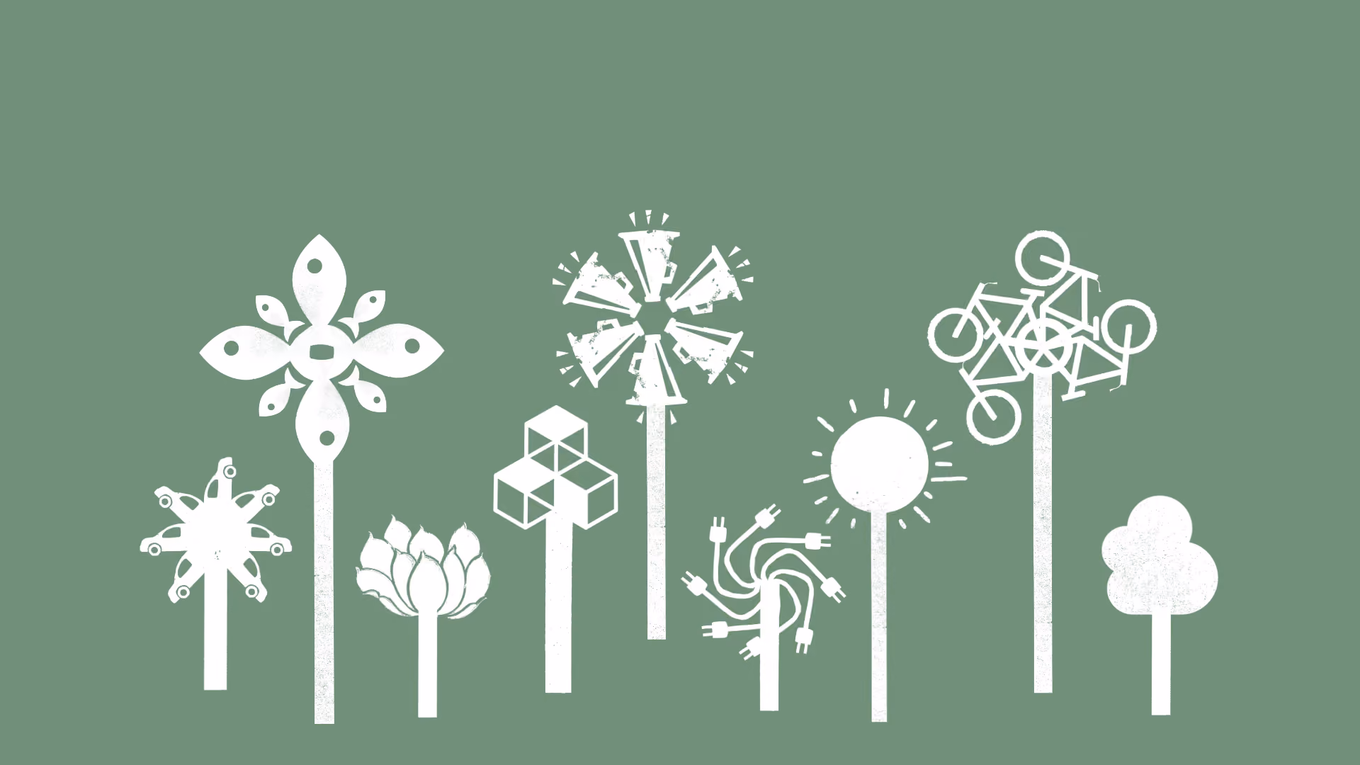 Groene achtergrond met allemaal verschillende bomen op de voorgrond en de bomen zijn gemaakt van fietsen, bloemen, auto's en vissen en de zon.
