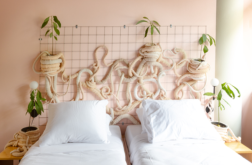 Roze hotelkamer met avocadoplanten