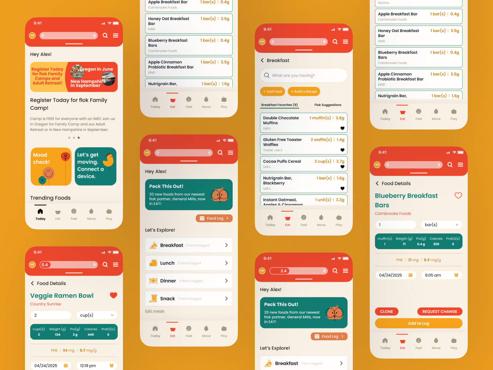 Collage of mobile app screens showing a food and nutrition tracker with meal logging, trending foods, food details, and recipe features.