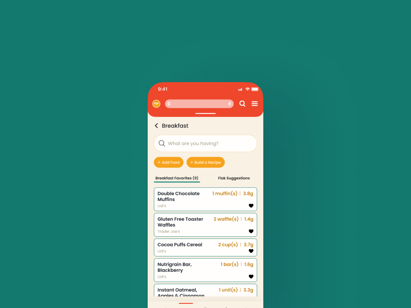 Mobile app screen showing breakfast food favorites with search bar, add food and build recipe buttons, and a list of breakfast items with quantities and grams.