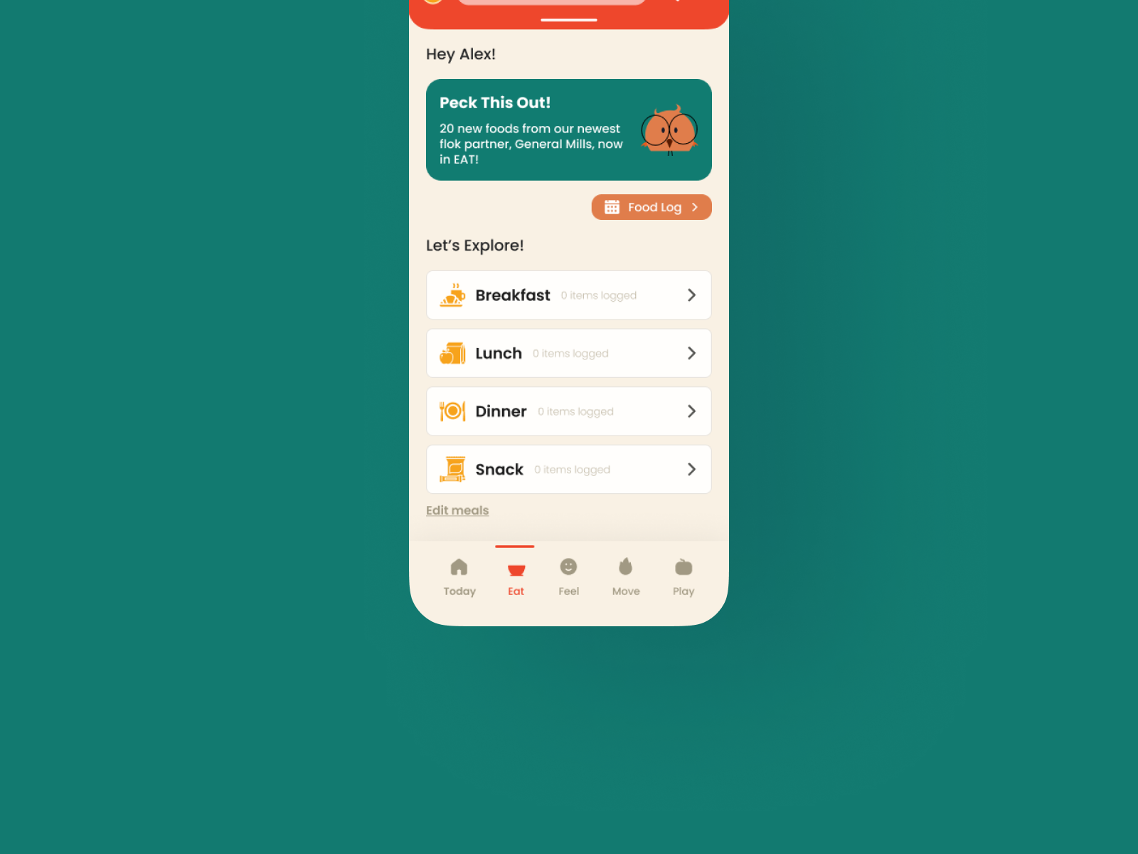 Mobile app screen showing food logging options with sections for Breakfast, Lunch, Dinner, and Snack, plus a food log button and navigation menu.