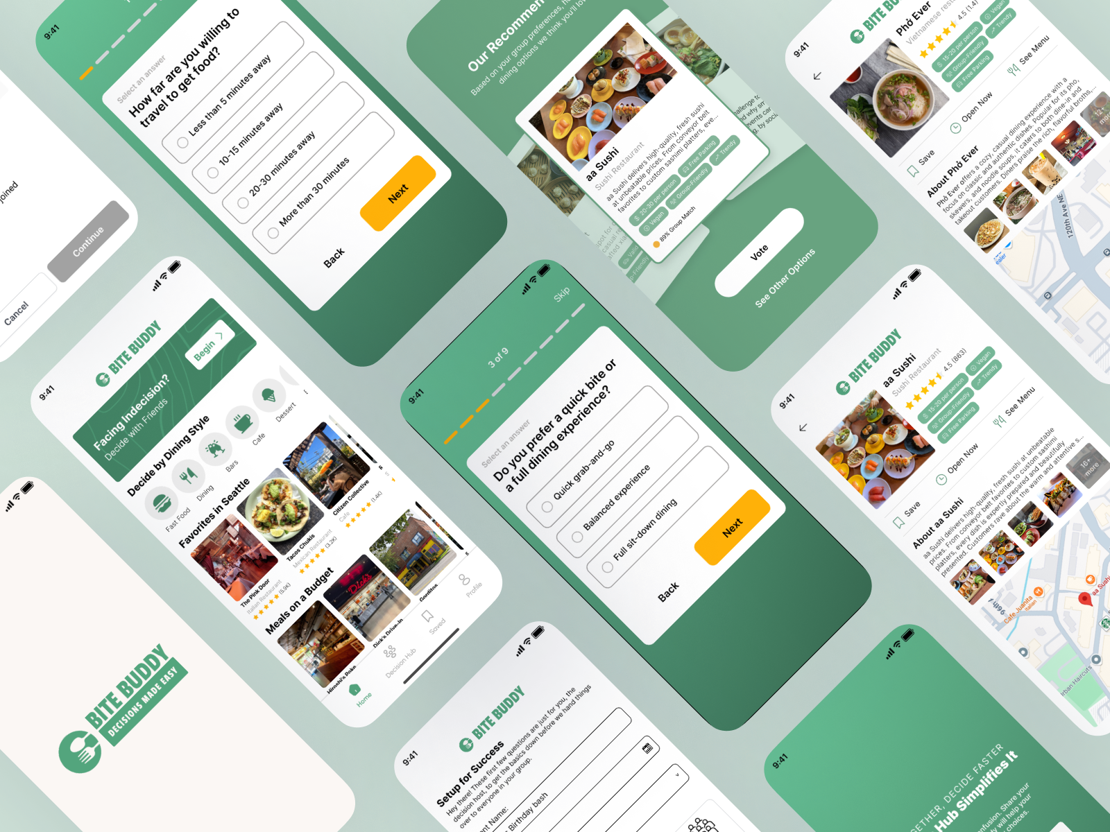 Multiple angled smartphone screens displaying Bite Buddy app interfaces for dining decisions, including restaurant recommendations, voting options, and detailed restaurant info.