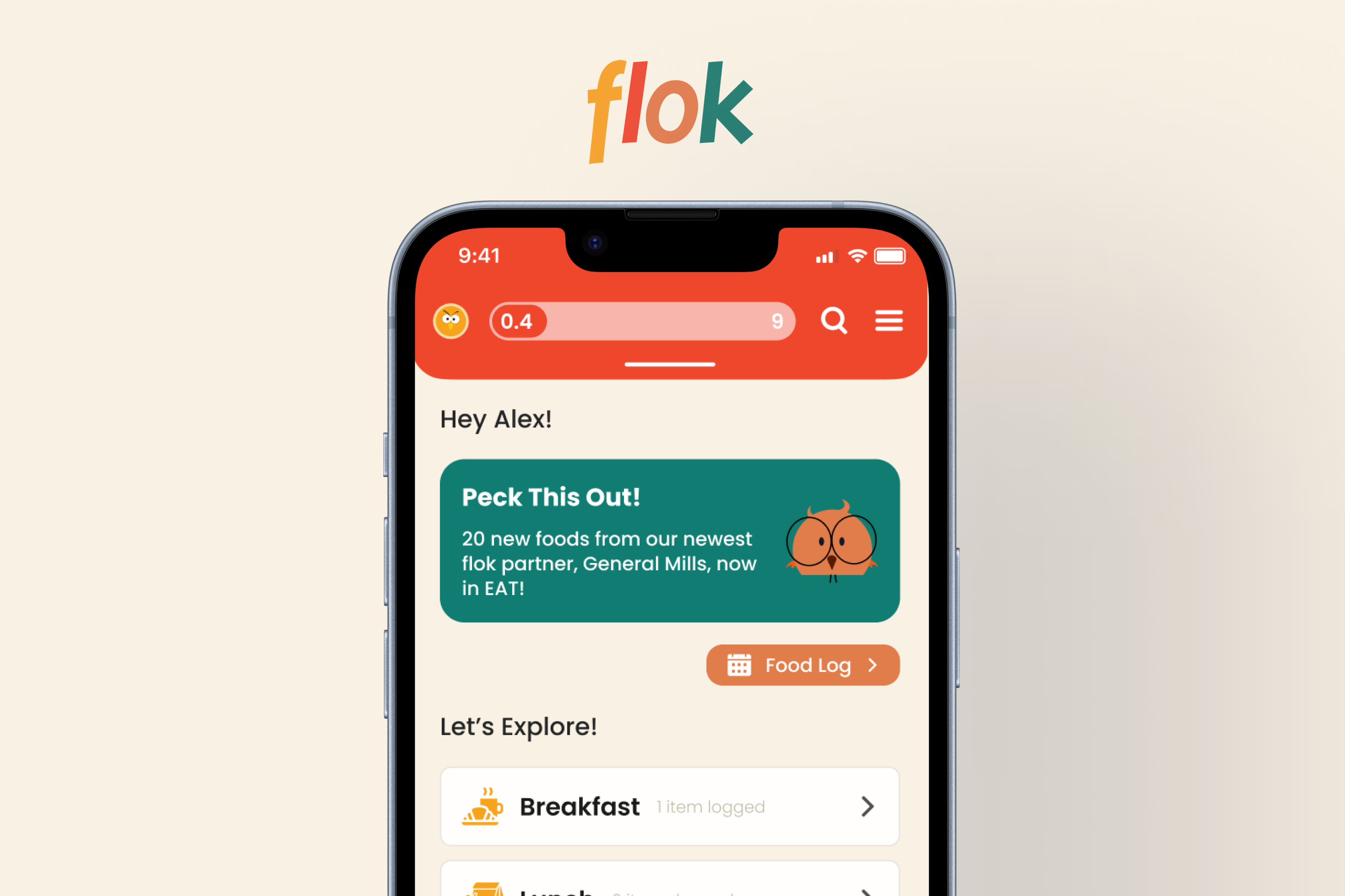 Mobile app screen showing a food logging interface greeting user Alex, featuring new foods from General Mills, and options to log Breakfast and Lunch meals.
