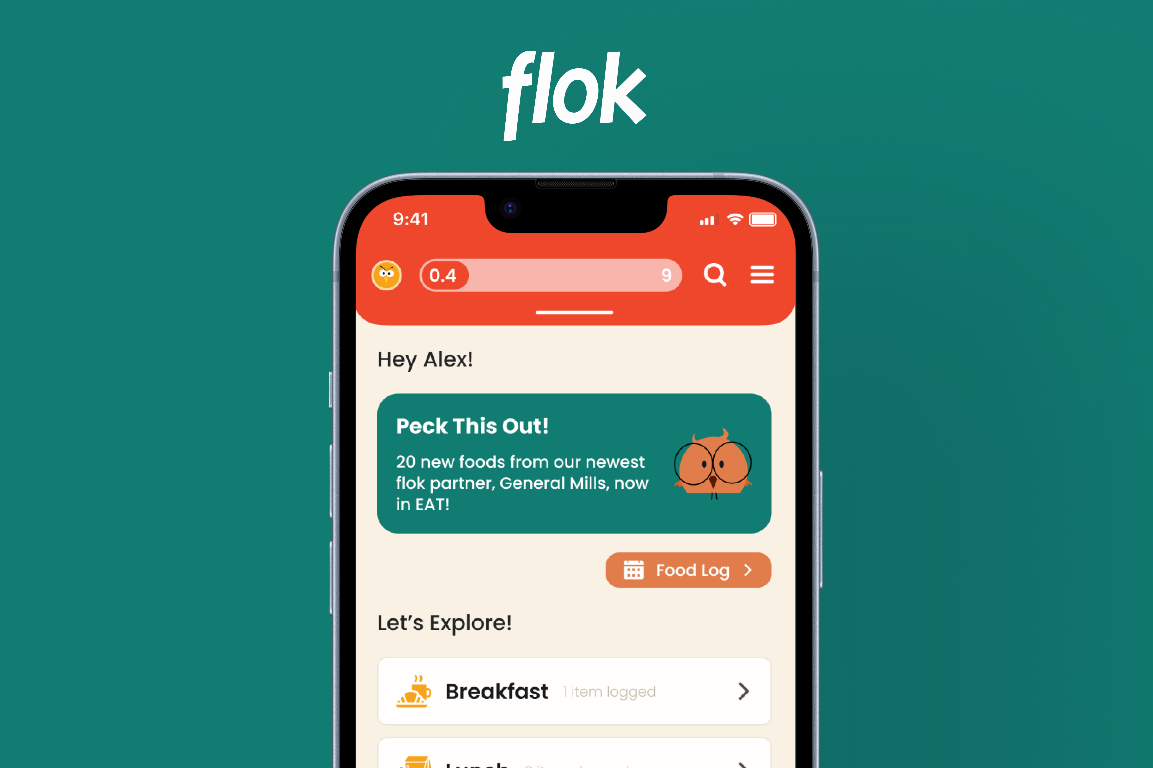 Smartphone screen showing the Flok app interface with a greeting, a notification about 20 new foods from General Mills, and menu options for logging breakfast and lunch.
