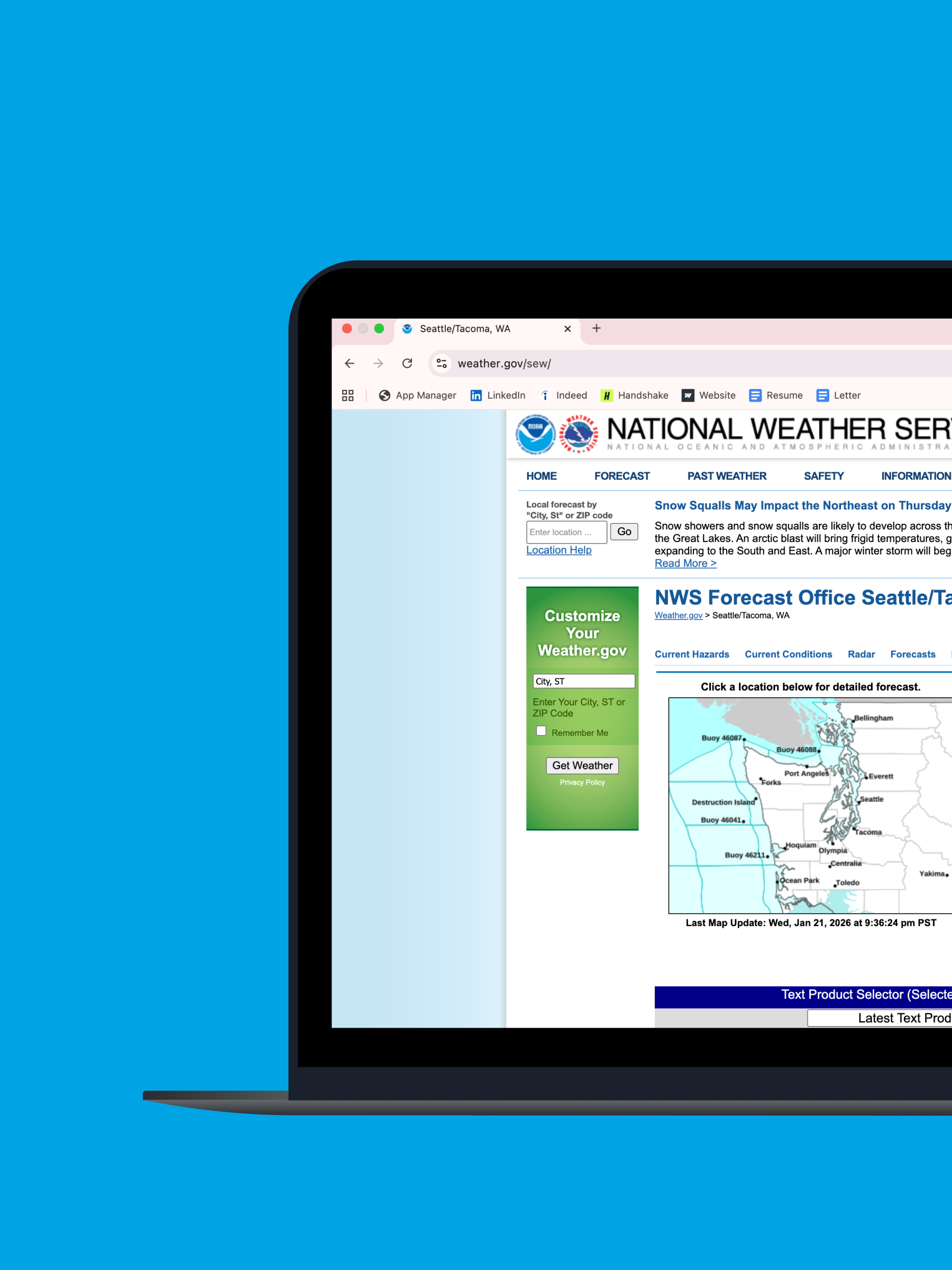 Laptop screen displaying the National Weather Service Seattle/Tacoma forecast webpage with a regional map and weather alerts.