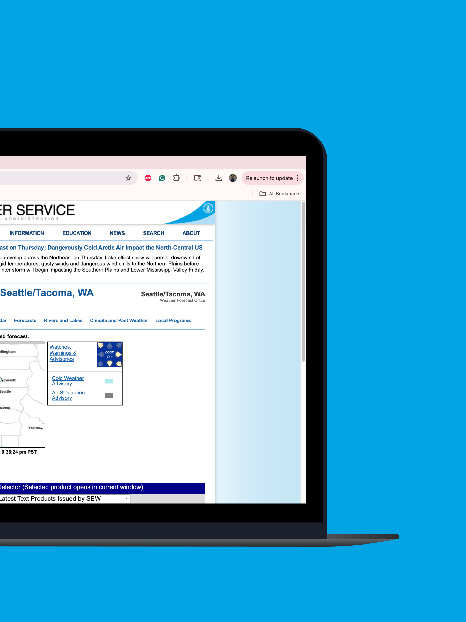 Partial view of a laptop screen showing a weather forecast webpage for Seattle/Tacoma, WA with weather advisories and map on a blue background.