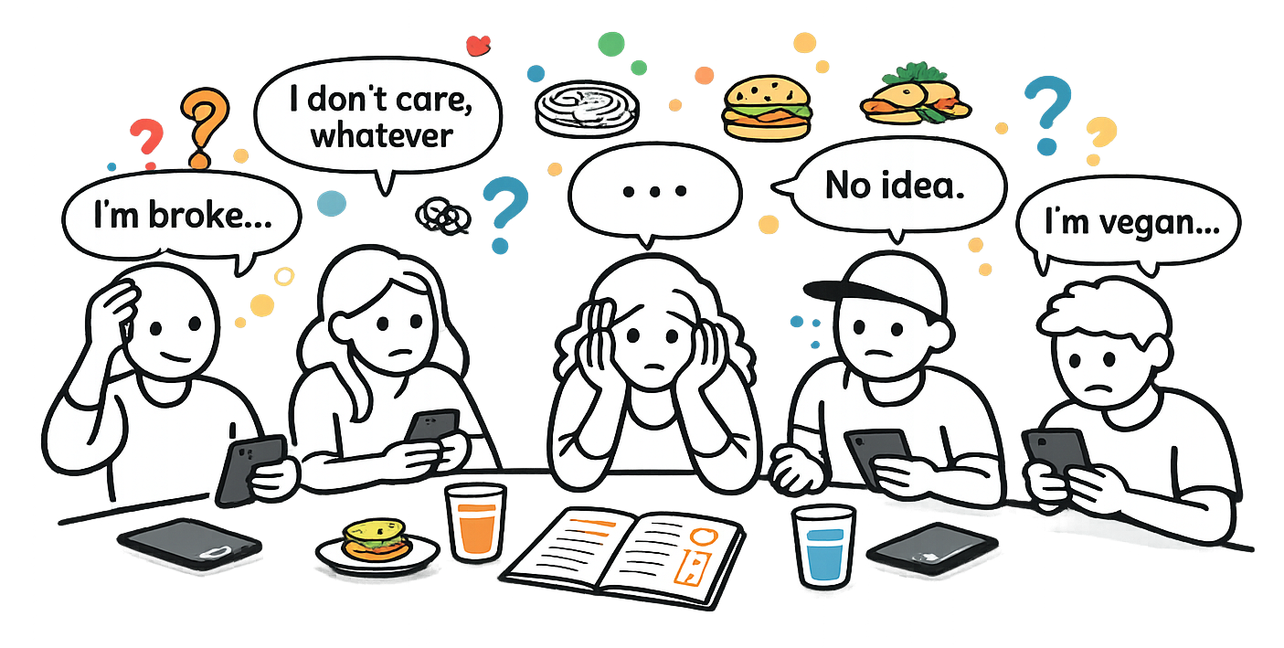 Five people sitting with smartphones at a table, expressing indecision about food with speech bubbles saying, 'I'm broke,' 'I don't care, whatever,' '...,' 'No idea,' and 'I'm vegan,' with food icons above.