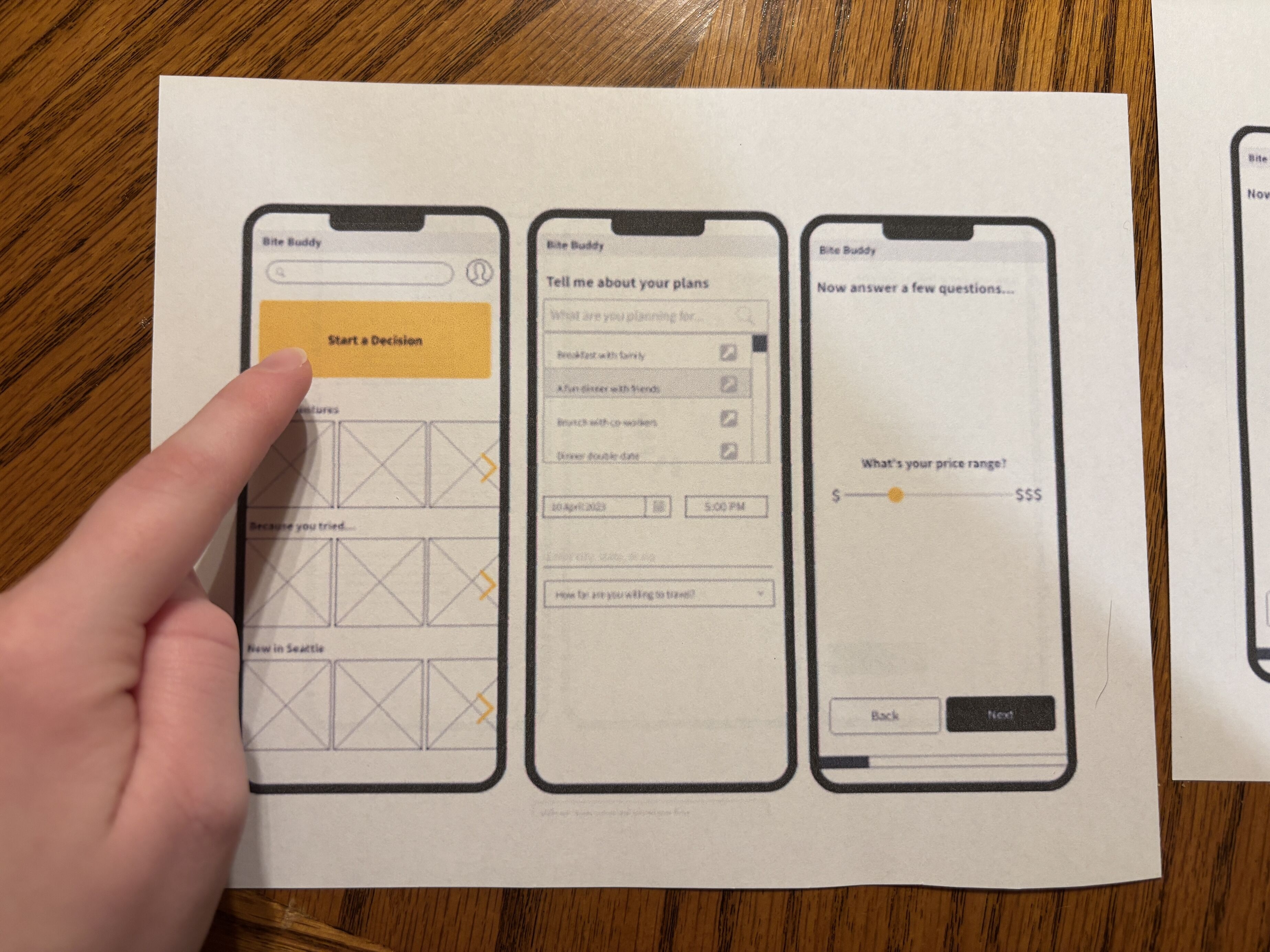 A hand touches a paper showing three smartphone wireframe screens for an app named Bite Buddy, featuring a 'Start a Decision' button, plan input form, and price range slider.