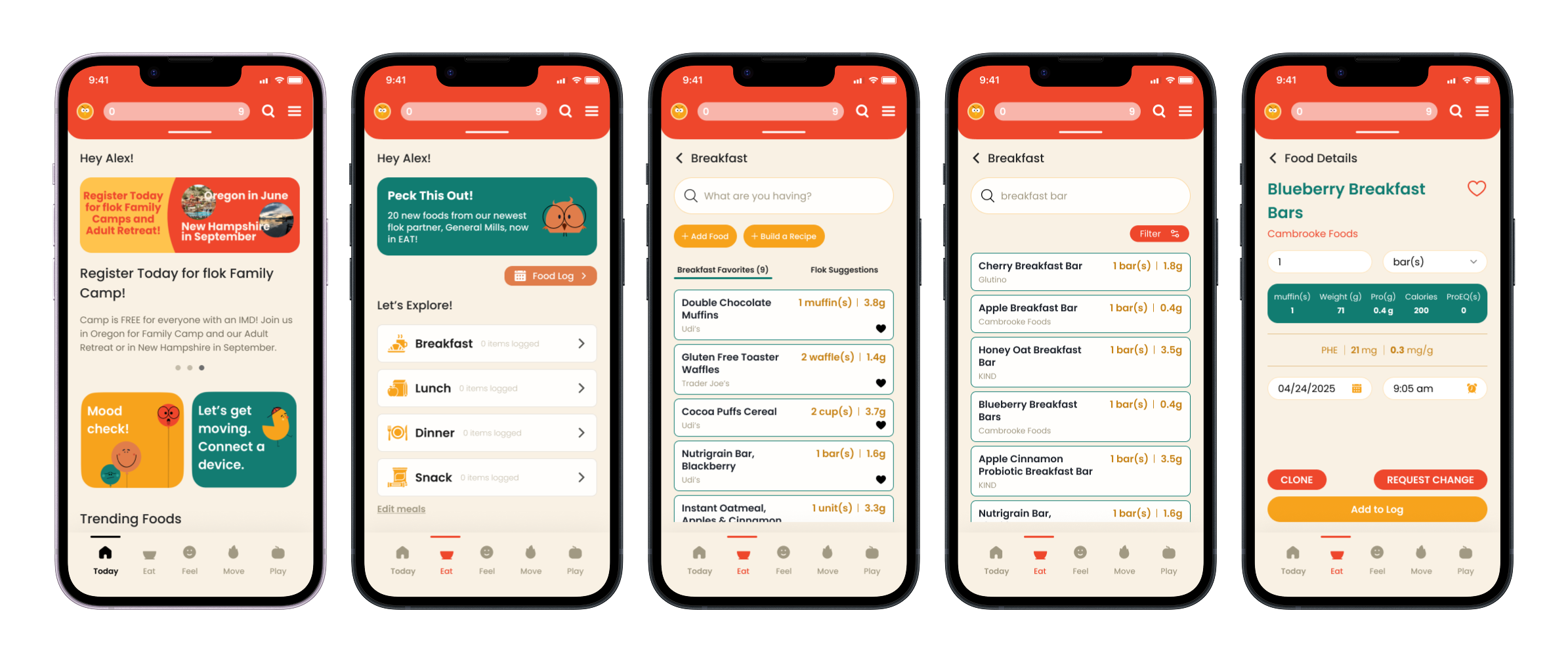 Five iPhone screens showing a food tracking app with registration, meal exploration, breakfast favorites, food search, and food details for Blueberry Breakfast Bars.